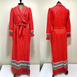 Vintage maxi wrap dress red white polkadot ruffles floral ladybugs cotton Large 